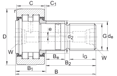 INA螺栓型滾輪 PWKRE72-2RS, 軸向引導(dǎo)，滿裝圓柱滾子，帶偏心擋圈，兩側(cè)唇密封