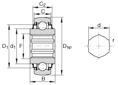 INA外球面球軸承 SK014-205-KRR-B, 球面外圈，內(nèi)圈帶六角形孔，兩側(cè) R 型密封