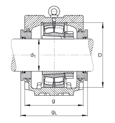 FAG直立式軸承座 SNV320-L + 22330-E1-K + H2330X503 + TSV530X503, 根據(jù) DIN 736/DIN737 標(biāo)準(zhǔn)的主要尺寸，剖分，帶錐孔和緊定套的調(diào)心滾子軸承，迷宮密封，脂和油潤滑